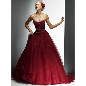 Red Color Organza Lace Up Floor-Length Wedding Dresses