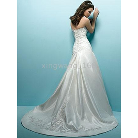 Embroidery Strapless White Stain Floor-Length Wedding Dresses