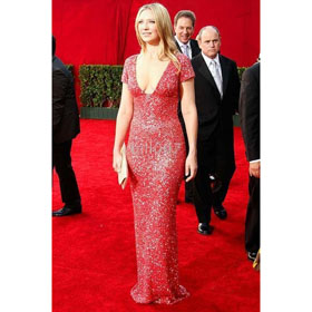 Red Beading V-neck Short Sleeve Sheath Floor-length Celebrity Dresses