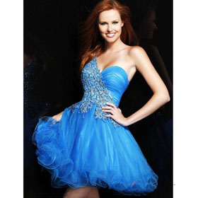 Elegant One-shoulder Organza Beading Sleeveless Blue Homecoming Dress