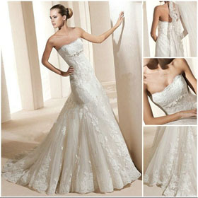 Floor-Length Luxury Strapless Lace Embroidery Bride A-Line Wedding Dresses