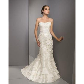 Off-the-shoulder Sheath Satin Tiered Skirts Chaple Train Strapless Wedding Dresses