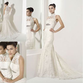 Free Shipping Sundayfrog Barcelona Mermaid High Neck Beading Court Train Ivory Lace Wedding Dresses Bridal Gown-0933