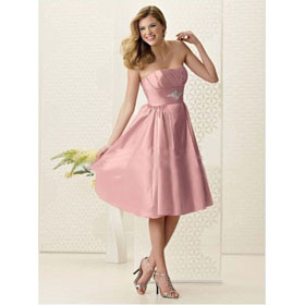 Satin Strapless Rouched Bodice in Short Tea Length Zipper Back Custom Made Bridesmaid Dress