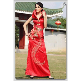 EMS Free Shipping Stand-up Collar Floor-length Satin Cheongsam/Qipao