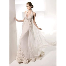A-Line Split Front Halter V-neck Applique Sleeveless Satin / Organza Empire Wedding Dresses