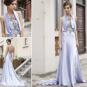 Beaded Halter Light Purple Color Floor Length Evening Dress