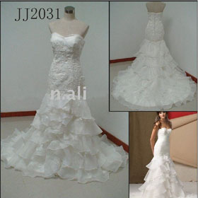 2011 Drop Shipping High Quality Satin Organza Strapless Luxury Sweetheart Mermaid Wedding Gown JJ2031