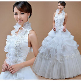 White Tulle Ruffles High-neck Evening Dresses