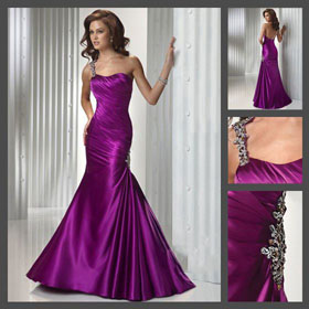 Purple Satin & Beaded Ankle-length One Shoulder Evening Dresses