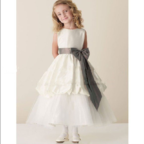 Sleeveless Tiered Tea Length Flower Girl Dress with Bow