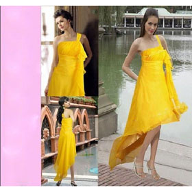 Yellow Asymmetrical One Shoulder Organza Ruffles Wedding Dresses