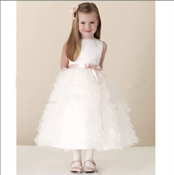 White Layered Tea Length Sashes / Ribbons Satin Little Flower Girl Dresses