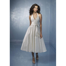Tea-length Halter V-neck Lace Sashes / Ribbons Draped Wedding Dresses