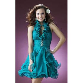 V-neck Halter Elastic Silk-like Satin Sashes Scalloped-Edge Homecoming Dress