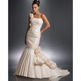 One Shoulder Handmade Flower Floor-Length Satin Wedding Dresses Bridal Gown