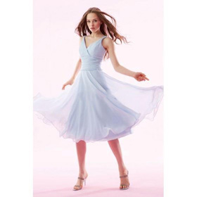 Chiffon V-neck with Rouched Waistline and A Line Tea Length Bridesmaid Dresses