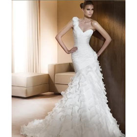 Gorgeous White One Shoulder Mermaid/Trumpet Organza Wedding Dress Bridal Gown
