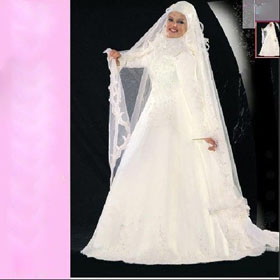 Satin A-line Muslim Long Sleeves Wedding Dress Beaded Applique Zipper High Neckline Maternity Wedding Dresses