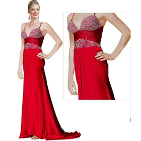 Beaded Design Unique Red Color Formal Spaghetti Strap Celebrity Dresses