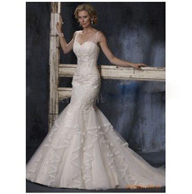 A-line Bateau Appliques Spaghetti Straps Scalloped-Edge Lace-up Mermaid Wedding Dresses