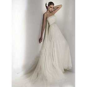 New Arrival Custom Made Strapless Chiffon A-Line Gown Beaded Ruffle Watteau Train Wedding Dresses Bridal Gowns -LS333