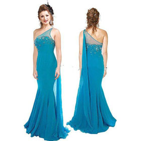 Light Blue Color Mermaid Design Jewelled One-Shoulder Celebrity Dresses