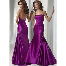 A-Line Princess Strapless Purple Color Satin Prom Dresses
