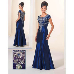 100% Satin Short Sleeve Style Embroidery Sheath Prom Dresses