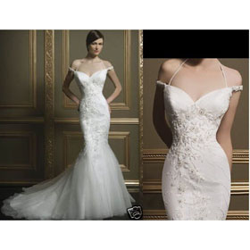 Custom Made Gorgeous Free Shipping Mermaid Organza Off Shoulder Court Train Sleeveless Wedding Dresses For Bride