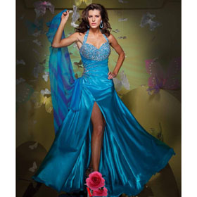 Halter Satin Beaded Formal Style Floor Length Prom Dress