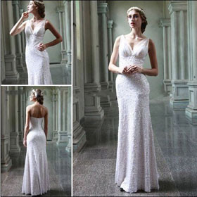 Free Shipping Beaded Chiffon Deep V-neck Wedding Dress Bridal Dress Brand Coniefox 80565