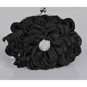 Pleated Silk Satin Flower Style Elegant Black Evening Bags