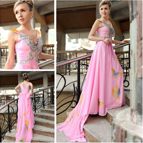 Ladies Bridal Party Evening Quinceanera Prom Pink Pattern Wedding Dresses