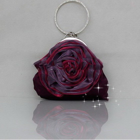 Dark Purple Color Rose Flower Style Satin and Organza Evening Bag