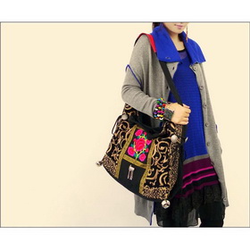 Black with Multi-color Embroidery Canvas Lady's Fashion Multi-usage Tote Dual Function Bags