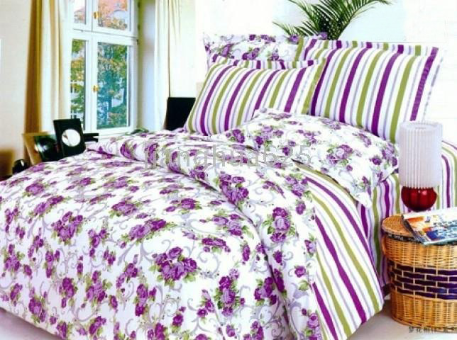 Thick Cotton Embroidery Purple Flowers 5 Pieces Bedding Bowing Curtain