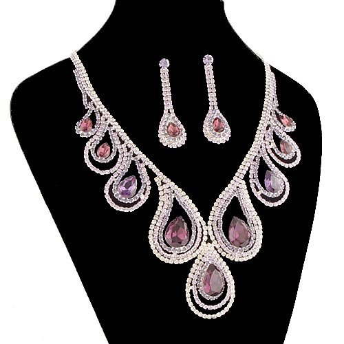 Noble Purple Crystal Drop Bridal Sterling Wedding Gift Jewelry Sets