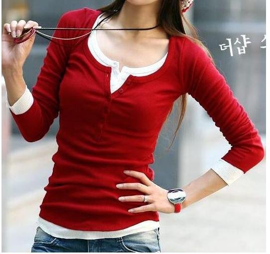 Red & White Long Sleeve Cotton & Spandex Women's T-Shirts