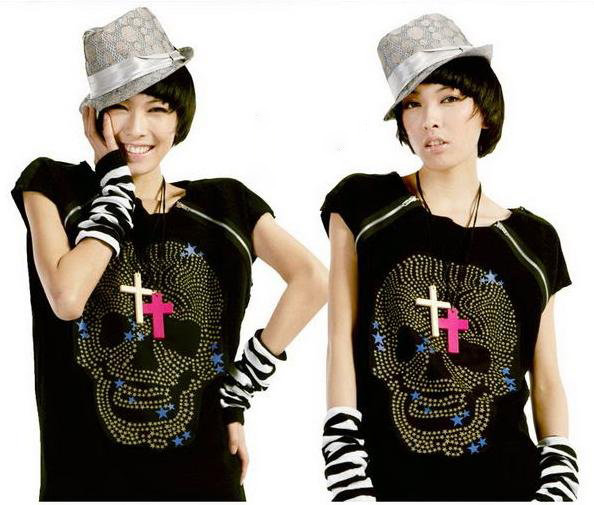 Black With Skull On Short Sleeve Women's T-Shirts