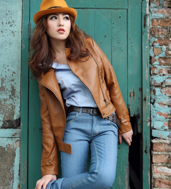 Synthetic Leather Brown Windproof Women's Jackets & Coats