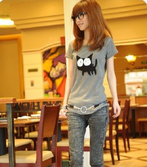Gray With Cat Images On Short Sleeve Women's T-Shirts
