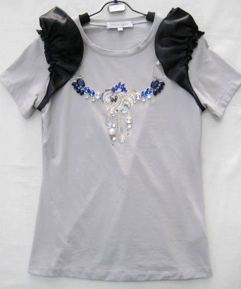 Black & Gray Short Sleeve Beading Women's T-Shirts