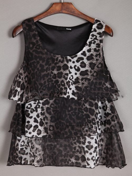 Women's Fashion Summer Short Leopard Silk Blouse Ruffle Tank Tops