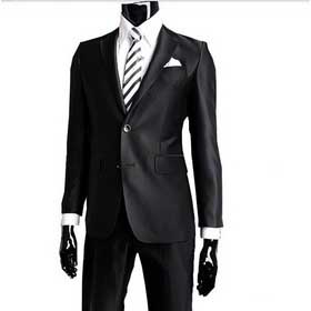 Pure Black Broad Shoulders Polyester & Cotton Groom Suits