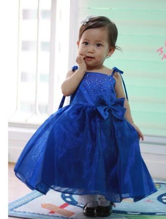 Satin & Chiffon Blue With Bow On Girls' Dresses