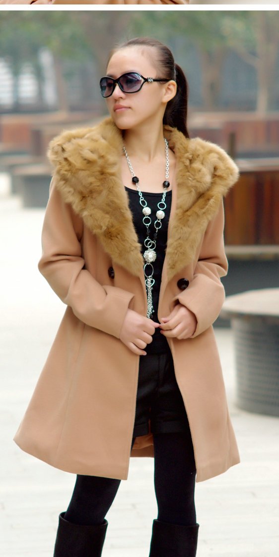 Women's Real Rabbit Fur Collar Long Tweed Hood Cashmere Clothing