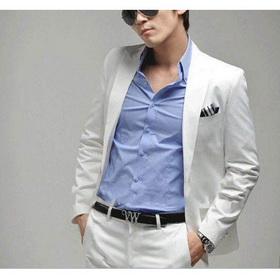 Pure White Broad Shoulder Long Sleeve Groom Suits