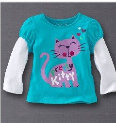 Long Sleeve White & Blue With Cat Images On Baby T-Shirts