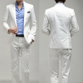 Pure White Cotton & Polyester V-neck Groom Suits